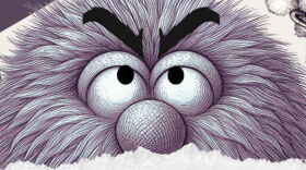 The top of a face of a shaggy puppet with big eyeballs looking up.