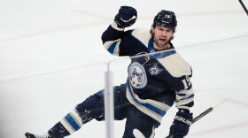 FILE - Columbus Blue Jackets center Adam Fantilli (19) celebrates a goal in the third period of an NHL hockey game against the Carolina Hurricanes in Columbus, March 31, 2026.