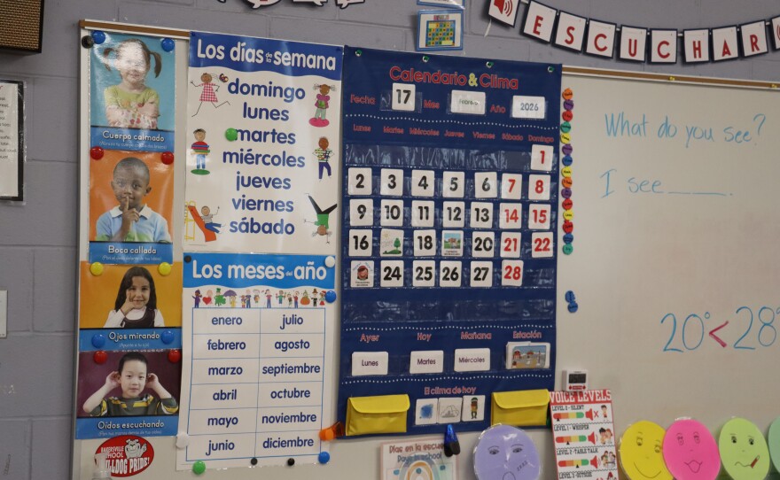 Kindergartners in Manchester learn the names of months and weekdays in Spanish.