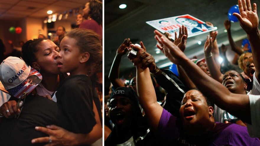L: Shaunna Stribling kisses her daughter Rajha Davis, 6, in Denver after Barack Obama won the presidential election on Nov. 4, 2008. R: Obama supporters celebrate his win in Birmingham, Ala.