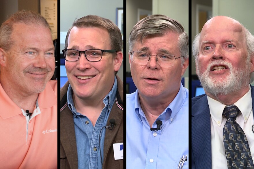 From left to right, Democratic primary candidates Keil Roark, Tim Peck, Brad Meyer, and Jim Graham.