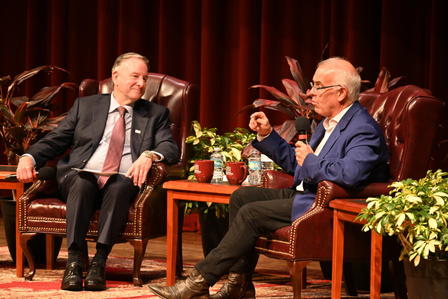 David Brooks (right) speaks with Florida State University President Richard McCullough (left) during a speaking event hosted by FSU’s Institute for Governance and Civics at Ruby Diamond Concert Hall on Sept. 10.