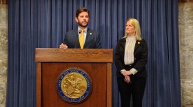 Ryan Spain speaking at a press conference about a six month gas sales tax pause at the capitol in Springfield on April 4th, 2026.