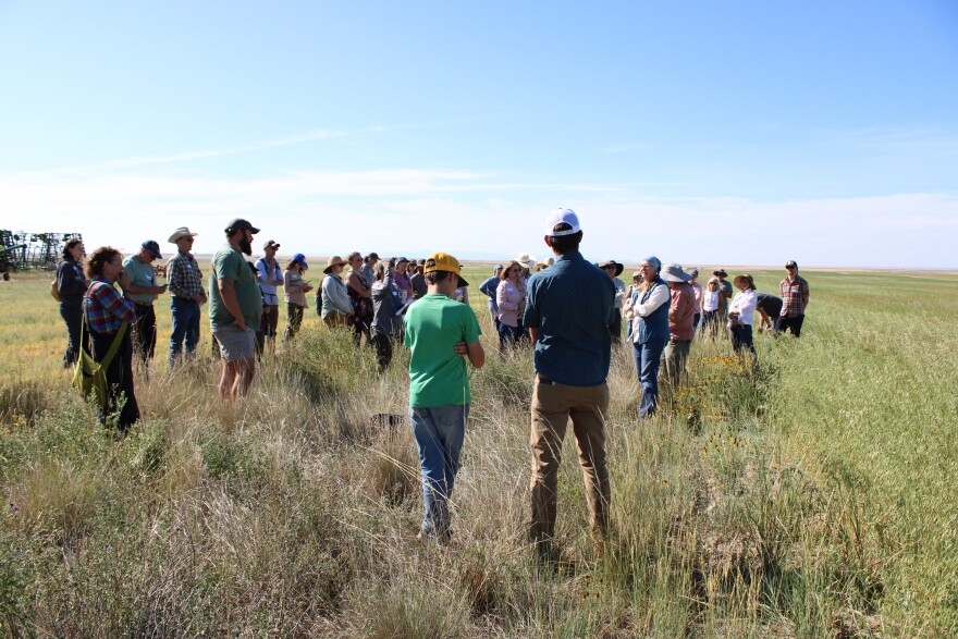 A group of farmers at the Intersections of Farming, Climate, and Health summit on July 12, 2025. The two-day event near Havre, MT focused on how farming practices can support human and environmental health.