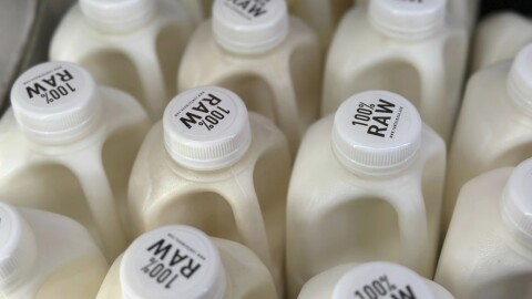 Bottles of raw milk from from Raw Farm of Fresno, Calif., are displayed for sale at a store in Temecula, Calif., on Wednesday, May 8, 2024
