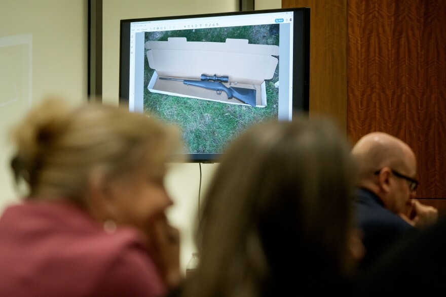 An image of a rifle that prosecutors say was recovered by investigators near Utah Valley University is displayed during a preliminary hearing for Tyler Robinson, who is accused in the fatal shooting of Charlie Kirk, at the Fourth District Courthouse in Provo, Utah, July 9, 2026.