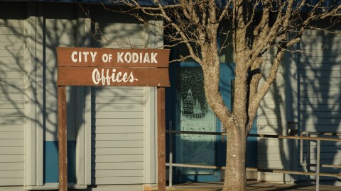 The City of Kodiak sign at the Kodiak Island Borough Building.