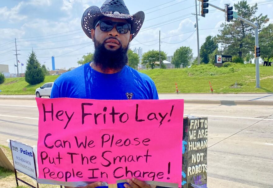 20 year Frito Lay veteran Chris Ware protests outside the plant in Topeka