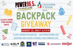 Backpack giveaway- August 15, 2024 | 2pm-4pm at Don Johnson Feildhouse (400 Pennsylvania Ave.- Eastern High School Football Field Parking lot)