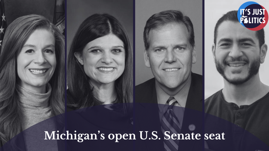 a black and white collage of Mallory McMorrow, Haley Stevens, Mike Rogers, Abdul El Sayed