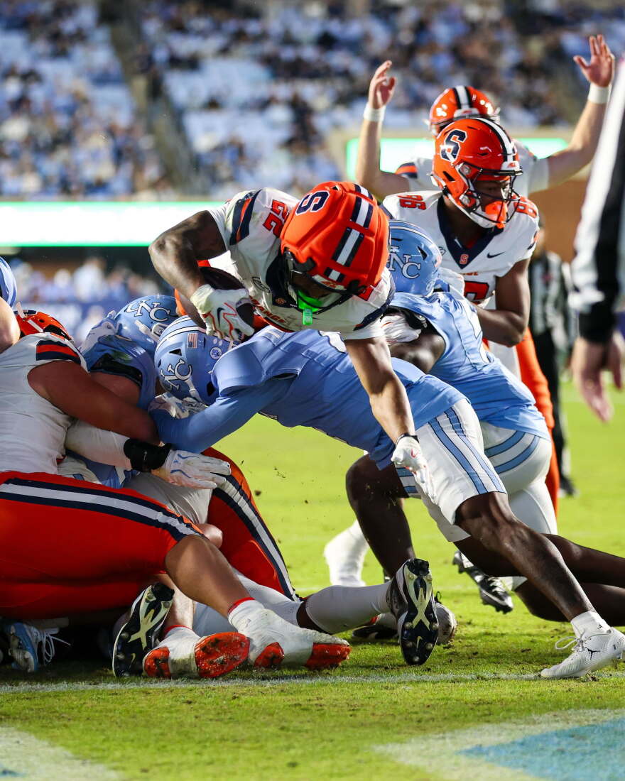 Syracuse running back Ahmad Miller dives into the end zone to score a touchdown against North Carolina on Saturday, October 24, 2026.