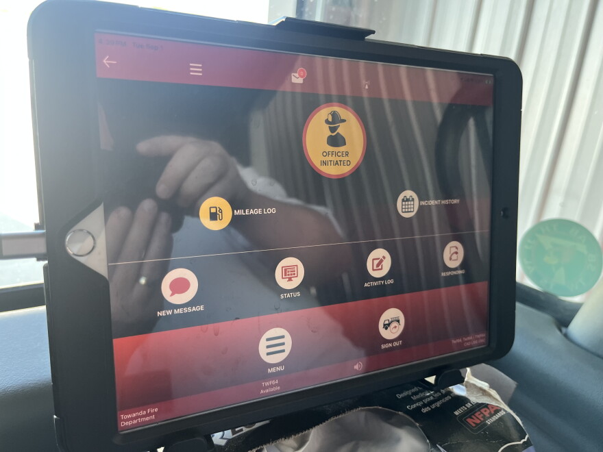 An iPad in a Towanda Fire Department truck displays the computer aided dispatch interface