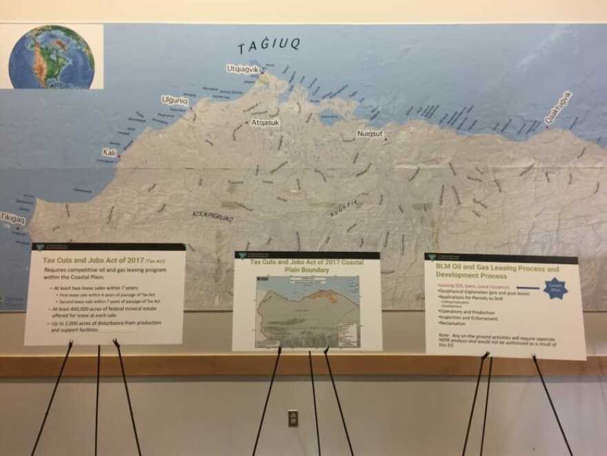Slides put out by the Bureau of Land Management at the Utqiaġvik scoping meeting for drilling in the Arctic National Wildlife Refuge, May 31st, 2018. The investment bank Goldman Sachs says it won’t finance oil ventures in the refuge, or elsewhere in the Arctic. (Photo by Ravenna Koenig/ Alaska’s Energy Desk.)