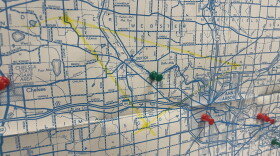 The triangle drawn between Ann Arbor, Scio Township, and Dexter Township, revealing the ghost town's location directly in the middle.