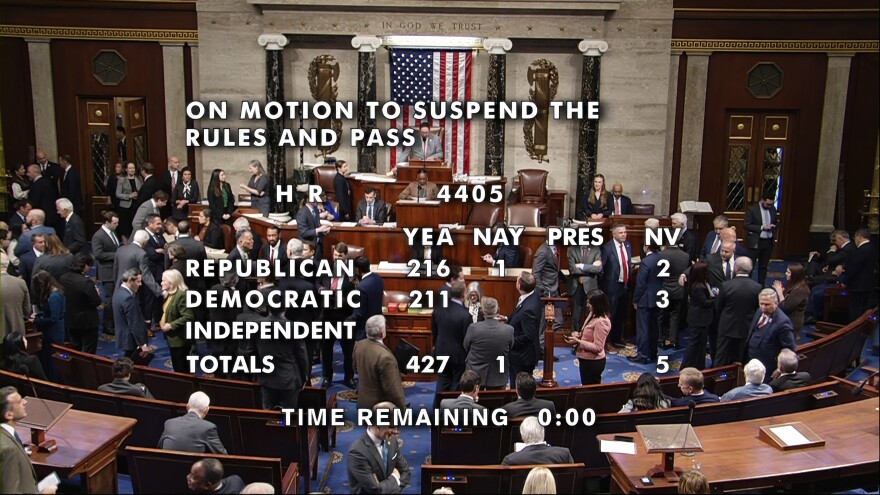 This image from House Television shows the final vote in the House to pass a bill to force the Justice Department to publicly release its files on the convicted sex offender Jeffrey Epstein, Tuesday, Nov. 18, 2025, at the u.S. Capitol in Washington. (House Television via AP)