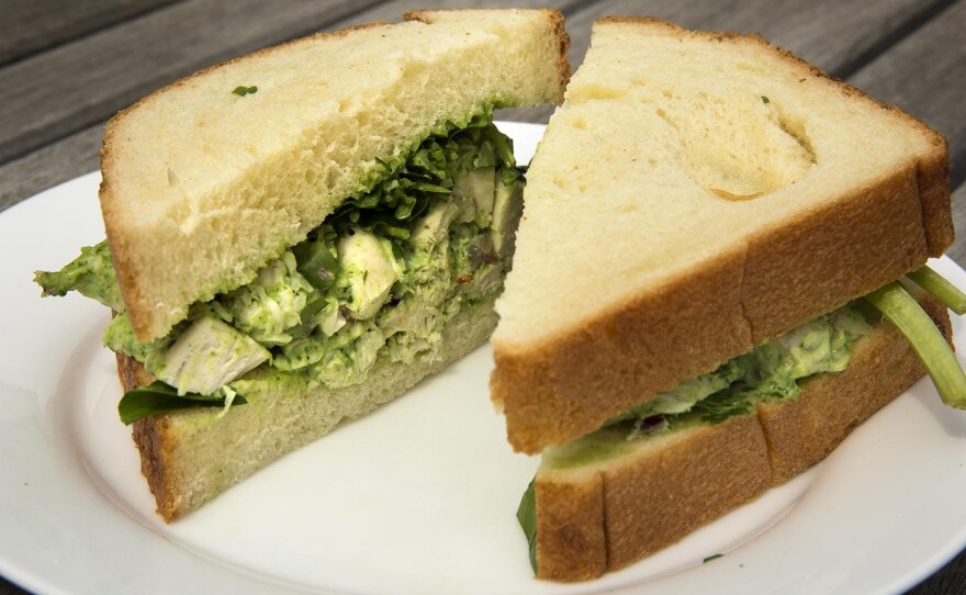 Chef Kathy Gunst's chicken salad sandwich with watercress mayonnaise. (Robin Lubbock/WBUR)