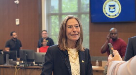 C. Cybele Raver, wearing a navy blazer and white lace top with a gold chain necklace, stands smiling at a wooden lectern during a media interview. In the background, a monitor displays the seal of the University of Michigan.