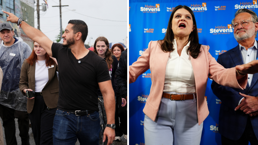 Split image shows Abdul El-Sayed pointing to his right while walking in a crows of people. Image of Haley Stevens in front of a blue walk and repeat with her arms spread. Sen. Gary Peters stands next to her