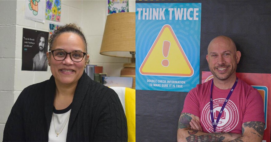 A woman with glasses and a black sweater smiles while sitting at a desk. Next to her, a bald man with tattoos, wearing a maroon shirt, smiles with arms crossed. Behind him is a "THINK TWICE" poster and a black bulletin board.