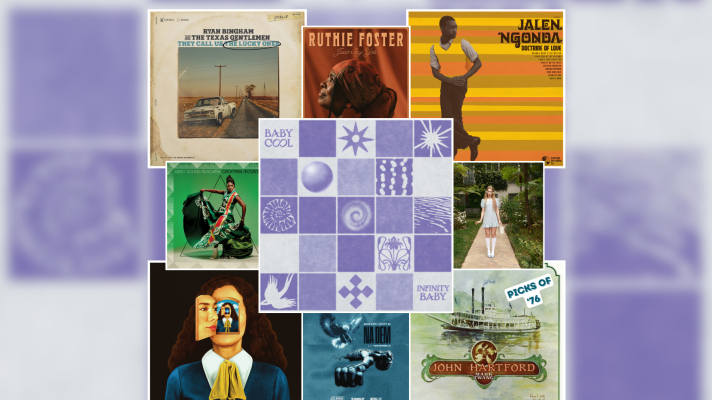 A collage of artwork from new albums and singles. Made up of nine white frames of differing sizes with the largest in the middle, all over a blurry background. In the middle is a grid of purple squares with some sun and moon emblems, the background appears to be the same image but blurry. At each corner of the middle square are four smaller squares. Top left has a photo of a truck to the side of a road, the top right has yellow and orange horizontal stripes that merge with a man's vest of the same colors, bottom left has woman with curly brown hair and a blue dress with her face peeled back to reveal the same image repeating, the bottom right has a painting of a riverboat on water. Then attached to each side of the largest square are four even smaller squares. The top is a woman wearing an orange bandana, the left middle is woman wearing a green dress and holding it away from her leg, the middle right is woman in a white dress standing on a path with green foliage around her, and the bottom is a blue image with a metal fist punching.