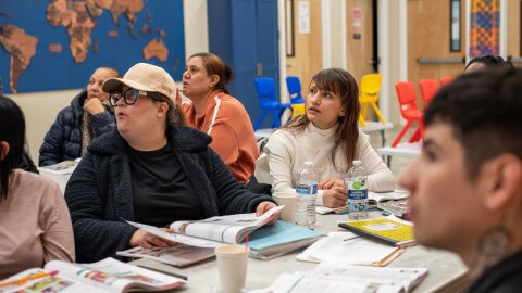 Iliana Cardenas, left, and Gloria Nuñez, both originally from Mexico,participate in an adult English language class atB5 in Kennewick.
