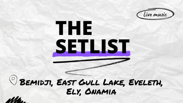 "The Setlist" and "Bemidji, East Gull Lake, Eveleth, Ely, Onamia" written over a crumpled paper background.