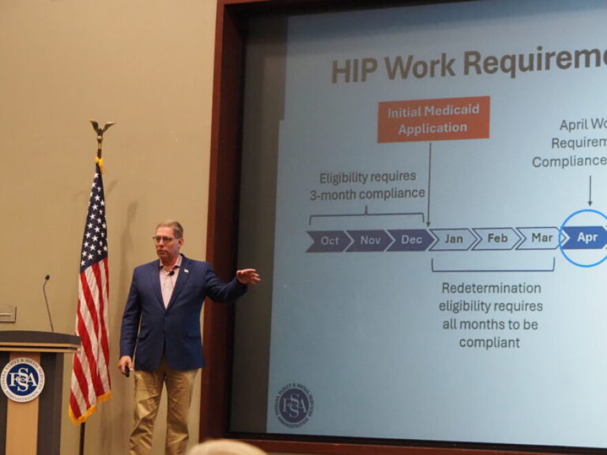 Family and Social Services Administration Secretary Mitch Roob walks through slides at FSSA’s quarterly financial meeting on Tuesday, Oct. 27, 2026.