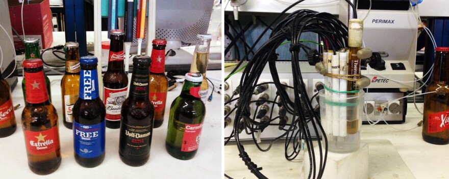 <strong>Robot Beer Party:</strong> The electronic tongue works by using its array of sensors to identify the chemical components in a solution. Researchers taught the tongue how to distinguish among five distinct beer types.