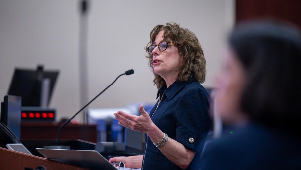 Linda Singer, an attorney representing the plaintiff, makes closing arguments, Monday, March 23, 2026, in state court, in Santa Fe, N.M., in a trial where the social media conglomerate is accused of misleading its users about how safe its platforms are for children.