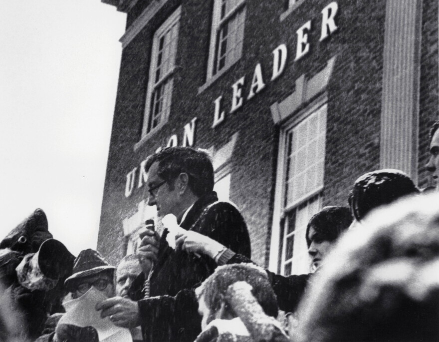 FILE This Feb. 26, 1972 file photo shows Sen. Edmund Muskie, D-Maine, denounces conservative Manchester Union Leader publisher William Loeb in front of the newspaper's Manchester, N.H., building. Muskie's emotional speech came as he campaigned for the New Hampshire primary and the Democratic presidential nomination, which slid off the tracks after it was reported that he had cried in response to the newspaper's attack on his wife. Muskie sustained until his death that it had been melted snowflakes, not a tear, in his eye. It seems a strange sight: The president of the United States, sometimes called the most powerful person in the world, breaking down in tears thanking campaign workers for their tireless _ and ultimately successful _ work on his behalf. But Barack Obama isn't the only world leader unashamed or unable to avoid being seen crying in public. (AP Photo, File)