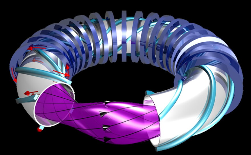 Stellarator machines have magnetic coils that loop around the plasma.