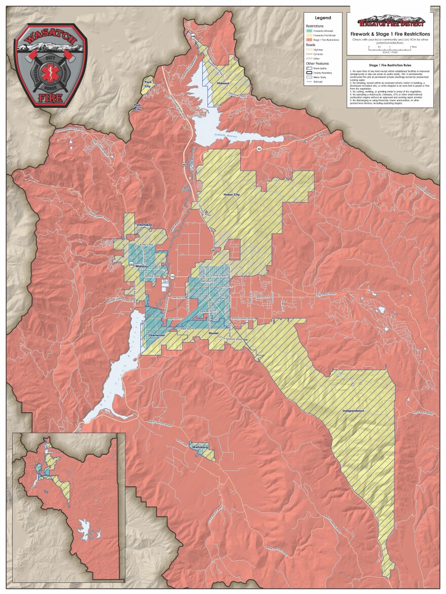 A map showing where fireworks are and aren't allowed in Wasatch County during the Pioneer Day holiday.
