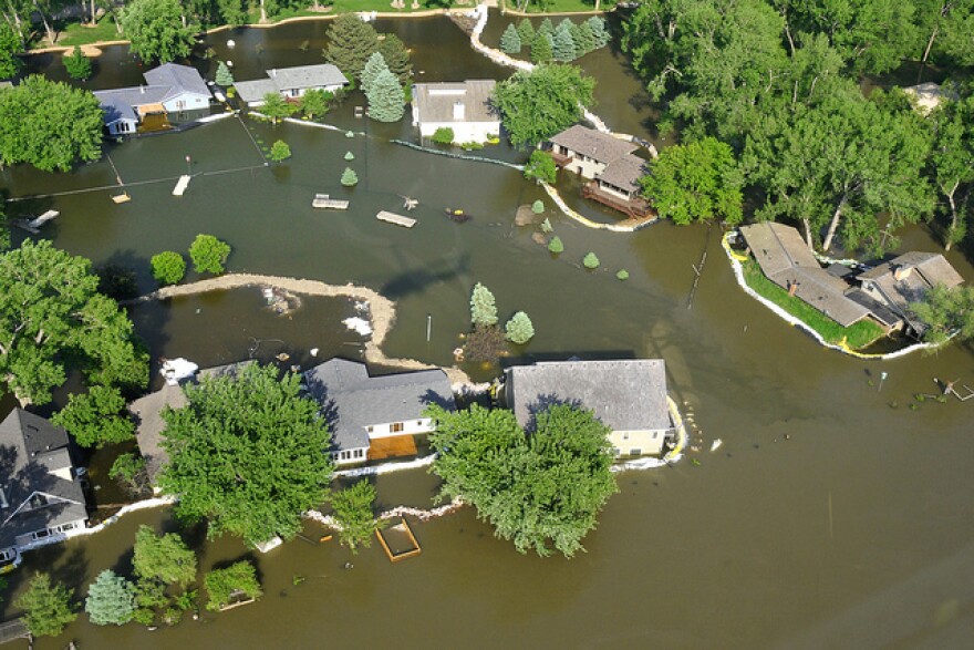 Missouri river flooding in Sioux City, Iowa, South Sioux City, Nebraska, and Dakota Dunes, South Dakota, on June 8, 2011. Levees were built near homes to prevent the Missouri river from flooding properties.