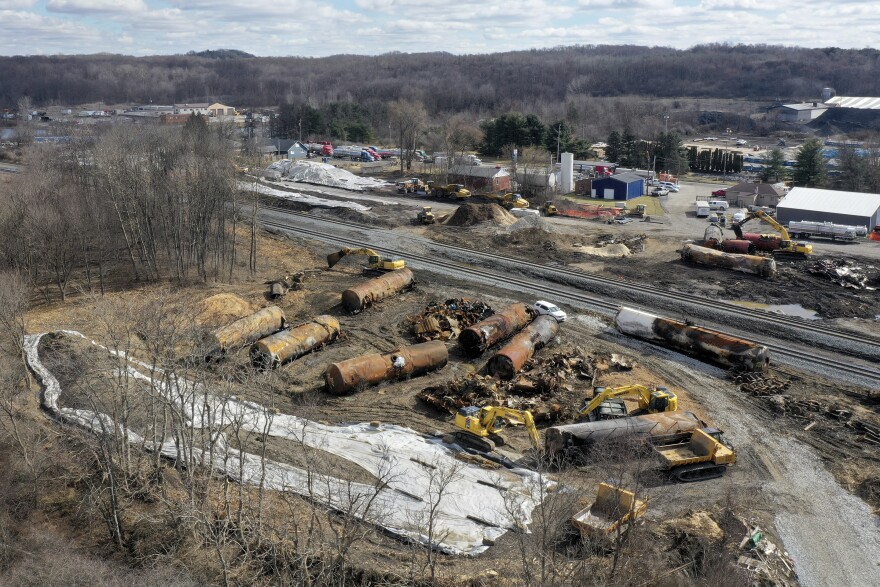 A view of the scene Friday, Feb. 24, 2023, as the cleanup continues at the site of of a Norfolk Southern freight train derailment that happened on Feb. 3 in East Palestine, Ohio.