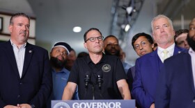 Gov. Josh Shapiro at an August 2025 news conference on public transit funding.