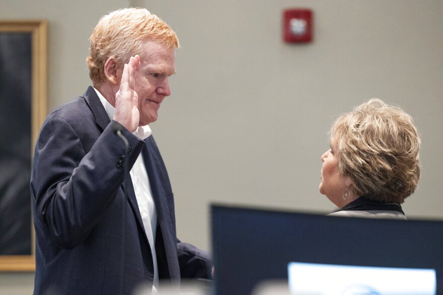 Alex Murdaugh swears to tell the truth before he takes the stand during his trial for murder at the Colleton County Courthouse on Thursday, Feb. 23, 2023 in Walterboro, S.C. (Joshua Boucher/The State via AP, Pool)