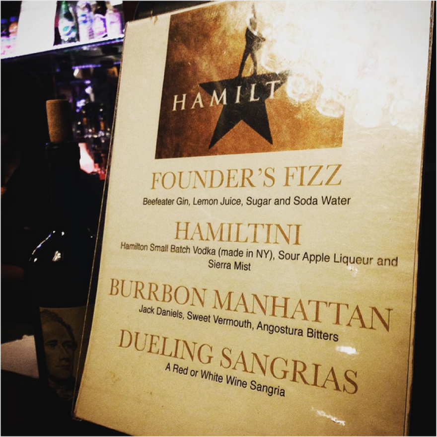 Hamiltinis — featuring Hamilton Small Batch Vodka from upstate New York — are served at the Richard Rodgers Theatre in New York City.