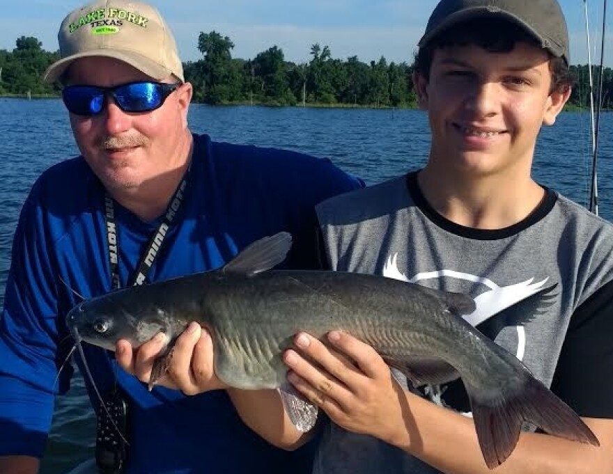 Guide Seth Vanover and Jack ZImmerman with one of many chunky Lake Fork Channel Catfish landed on an trip last week.