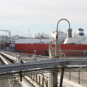 A tanker takes on a shipment at the Kenai LNG plant in October 2015.
