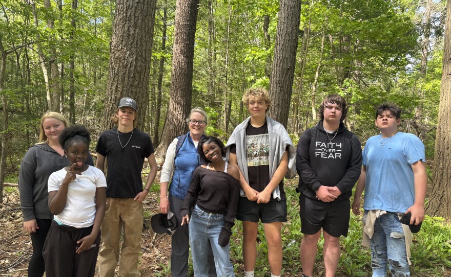 Morse High School students on the Whiskeag trail in Bath for their Thursday detention hike.
