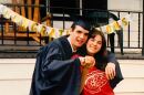 An old photo shows a grainy image of a young man in a graduation gown, Joseph Knope, posing with his sister, Jennifer Cline. A banner hangs off a railing behind them, reading "congratulations."