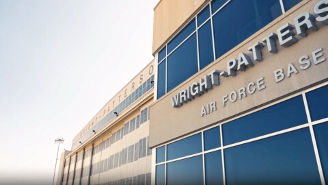 An exterior shot of the Wright Patterson AFB hangars
