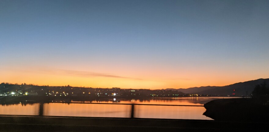 The view driving over Memorial Bridge in Lewiston, Idaho. The city is also recommending residents use bottled or cool, boiled water for their pets as a precaution — though Public Works Director Dustin Johnson says there's no more risk than if pet owners let their dog drink from the river. (Credit: Rachel Sun / NWPB)