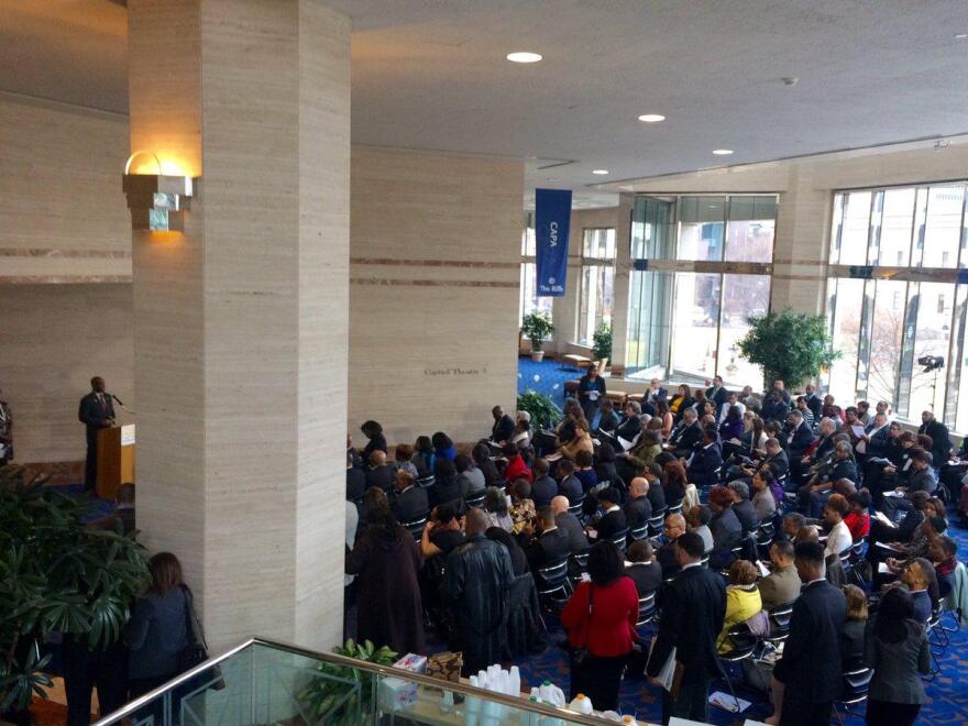 A crowd gathers at the Riffe Office Tower to hear the "State of Black Ohioans" address