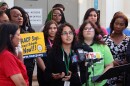 Melanie Nieves, a Miami Jackson Senior High student and member of the youth social justice organzation Power U, speaks at a news conference opposing charter school co-location within public schools outside of Shadowlawn Elementary School Nov. 20, 2025.