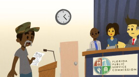 Illustration of African American man holding a bill speaking to a group of people who are on the Florida Public Service Commission 