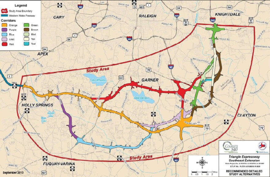 The NCDOT is showing color coded routes under consideration for the 540 extension from Holly Springs to Knightdale.