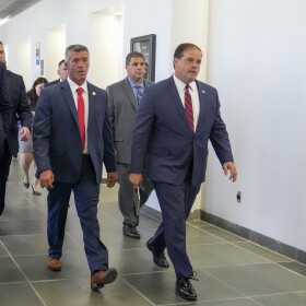 Suffolk County District Attorney Ray Tierney, right, arrives for a court appearance in the case against Rex Heuermann, Tuesday, Aug. 1, 2023. 