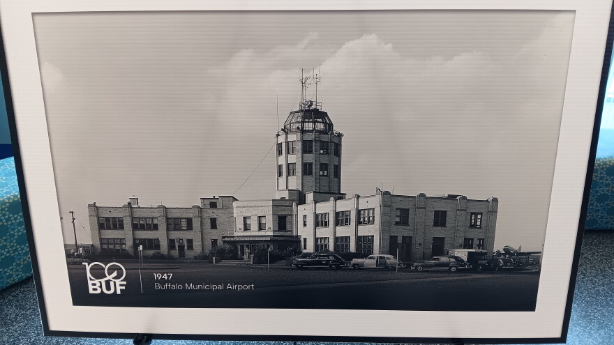 An image of the Buffalo Municipal Airport from 1947 was on display in the updated Buffalo Niagara International Airport during a celebration of the facility's 100th anniversary, Friday, Sept. 25, 2026.
