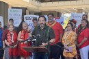 Former Water Commissioner and UH Professor Kamana Beamer addresses the media at a press conference held by several dozen members of the Native Hawaiian community, who are calling for the reinstatement of state Water Deputy Kaleo Manuel.